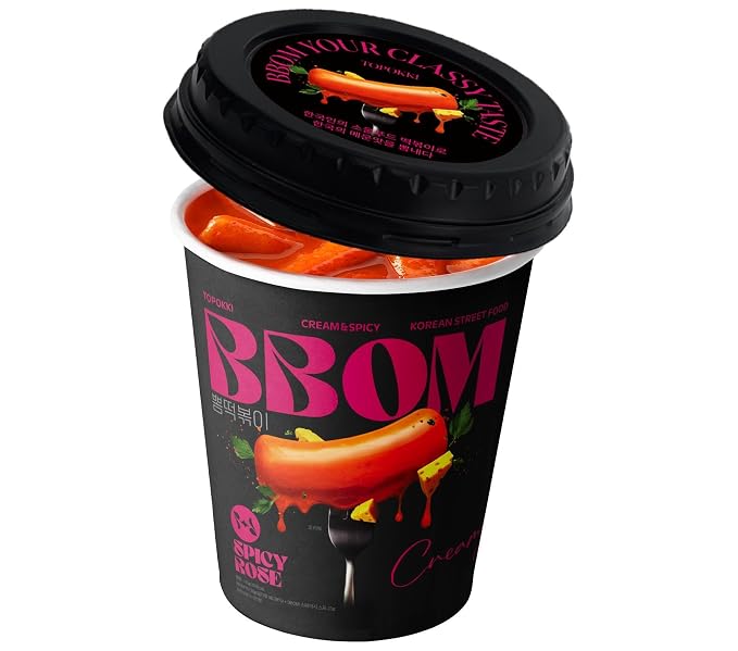 BBOM Cup Tteokbokki, Korean Rice Cake, Ready-to-Eat Microwave Meal, Chewy & Soft Texture, Easy K-Food Snack – Spicy/SpicyRose/Extreme Hot_1 Cup (Spicy Rose)