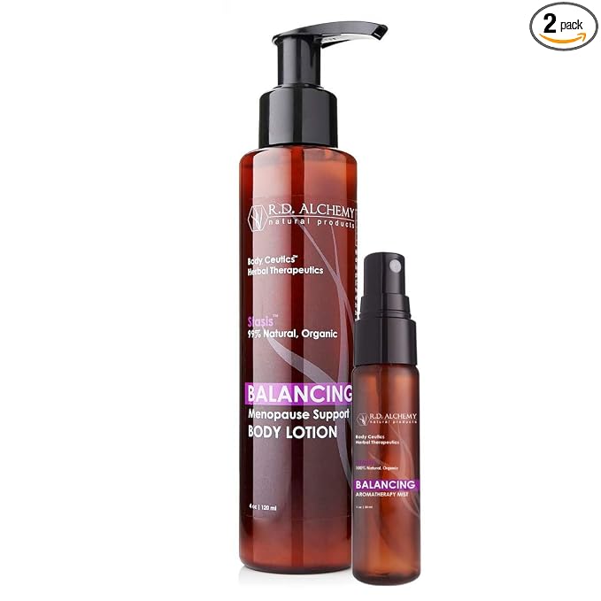 RD Alchemy - Natural & Organic Menopause Balancing 2-Piece Treatment Set - Body Lotion & Hot Flash Mist with Isoflavones & Oils Moisturize Dry Skin, Support Mood & Sleep to Promote Well-Being.