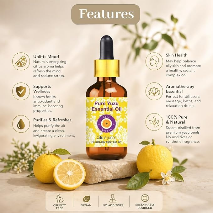 Deve Herbes Pure Yuzu Oil (Citrus Junos) with Glass Dropper Cold Pressed 50ml (1.69 oz)