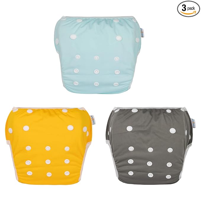Babygoal Neutral Swim Diapers 3 Pack for 8M-3T Babies and Toddlers, Reusable Adjustable Washable for Baby Girl and Boy Swimming Lessons-Blue,Yellow,Grey