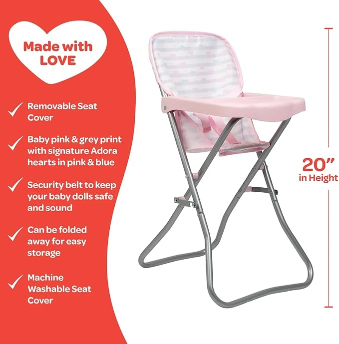 ADORA Durable Pastel Pink Hearts Baby Doll High Chair 20.5” Suits Most Stuffed Animals, Plush Toys, and Dolls up to 16 inches Birthday Gift for Ages 3+