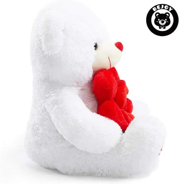 BEJOY Teddy Bear Stuffed Animals Plush Bear Holding Rose Soft Plush Toy Gifts 16 inches White