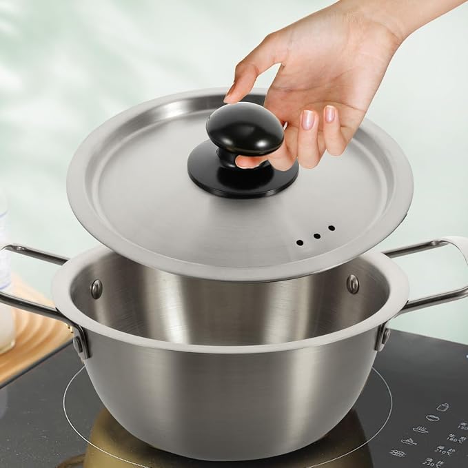 Zerodeko Stainless Steel Double Ear Soup Pot Non-stick Porridge Cooker with Lid for Instant Noodles Small Hot Pot and Korean Ramen Compact Design for Easy Carrying