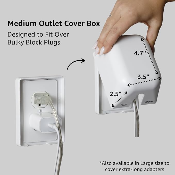 Qdos Safety Medium Outlet Cover Box for Baby Proofing Outlets| Secure Hidden Lock | Generous Interior for Medium Sized Charging Blocks & Adapters | Modern Universal Design | Easy Install | 1 Pack