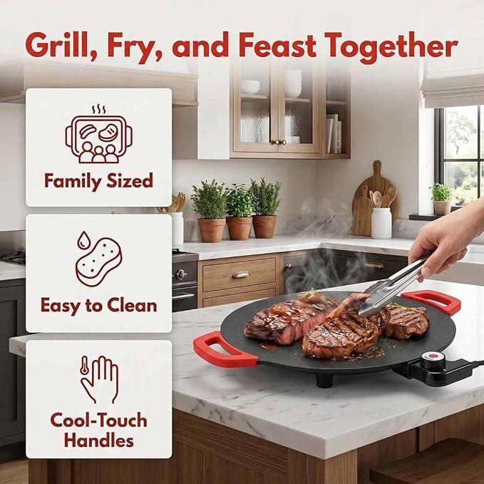 Electric Indoor Grill Nonstick Smokeless, Round Electric Griddle Nonstick for Indoor Use, Portable Korean BBQ Grill with Temperature Control for Kitchen, BBQ, Pan Searing Steak, Pancakes (14in)