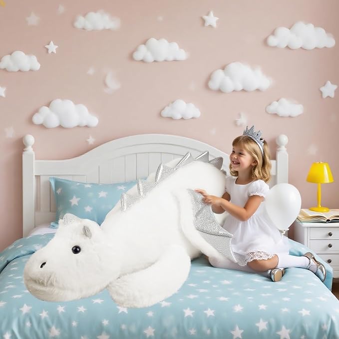 ARELUX Giant 52in 3Lb Big White Dragon Large Stuffed Animals Cute Plush Toy Fuzzy Jumbo Dinosaur Pillow Plushies with Wings Cuddly Soft Green Pterosaur Plushie for Friends Family Member