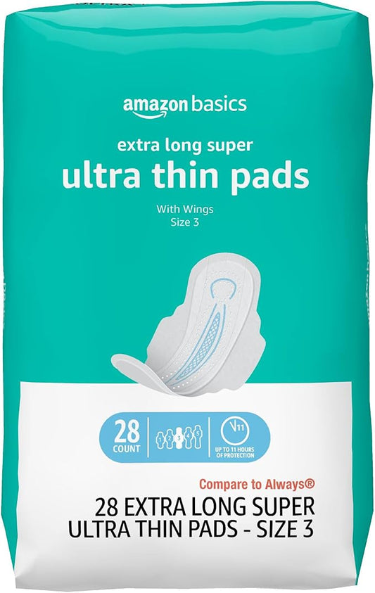 Amazon Basics Ultra Thin Pads with Flexi-Wings for Periods, Extra Long Length, Super Absorbency, Leak Protection, Unscented, Size 3, 28 Count