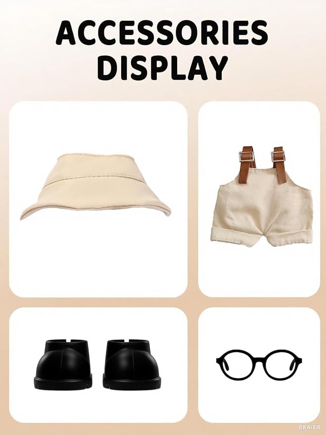 2PCS Doll Clothes Set for 17cm Dolls – Stylish Outfit with 2 Hat, 2 Overalls, 2 Shoes & 2 Glasses of Clothes Designer, Cute Clothes for Dress up Unique Style (Khaki+Beige) (Doll Not Included)