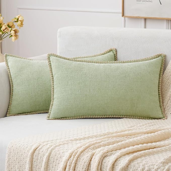 MIULEE Decorative Lumbar Throw Pillow Covers 12x20 Inch Light Green 2 Pack | Farmhouse Pillow Covers with Stitched Edge, Soft Chenille Cushion Cases, for Couch Sofa Bed Living Room Home Decor