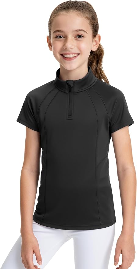 JOCMIC Girls Equestrian Shirt Short Sleeve Quick Dry Horse Riding Shirts Half Zip Horseback Show Shirt