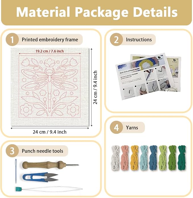 DOODLREAM Floral Dragonfly DIY Punch Needle Embroidery Kit for Adult Beginner, 9.4" Folk Art Flower Insect Punch Stitching Craft Set for Starter with Frame,Fabric Pattern,Threader, Yarn, Pinch Needle