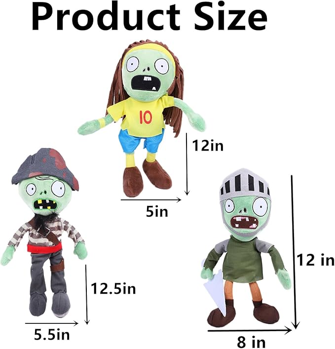 JHESAO 3 PCS Plants and Zombies Plush Zombies Sets Toy Captain Zombie, 1 2 Stuffed Soft Knight Zombie Doll, PVZ Plushies Figure Doll New