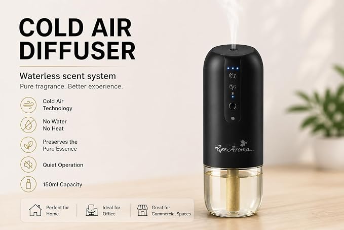 Cold Air Diffuser Machine for Home & Office – Waterless Aroma Diffuser, 150ml Capacity, Covers up to 100m², Bluetooth Control, Plug-in Hotel Style Scent System (Black)
