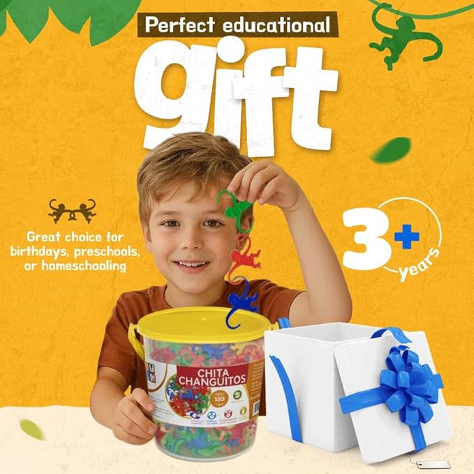 Mareta Bucket of Monkeys Classic Game, 100-pc Counting Games for Kids Ages 3+, Color Sorting, Linking, Motor Skills, Preschool Homeschool Learning Toys.