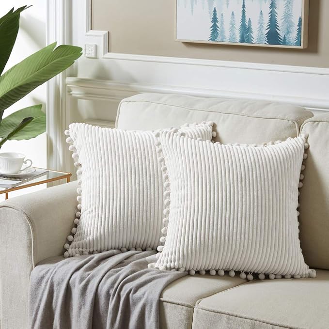 Fancy Homi 2 packs Cream White Boho Decorative Throw Pillow Covers with Pom-poms, Soft Corduroy Solid Square Cushion Cases Set for Living Room Couch Sofa Bedroom Car (16x16 Inch/40x40 cm, Cream White)