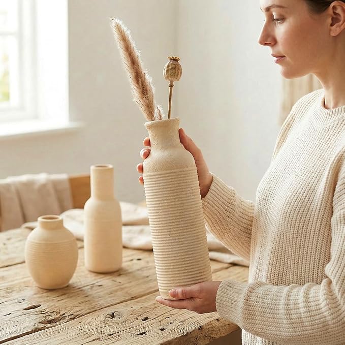 Rustic Farmhouse Vase Set of 3 - Ceramic Decorative Vases Home Decor - Pampas Grass Dried Fresh Flowers - for Centerpiece, Table, Mantel Entryway, Kitchen, Bedroom (White2)
