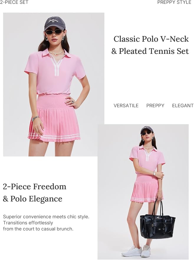 Women 2 Piece Tennis Skirt Set Pleated Golf Outfit, Polo V-Neck Athletic Dress Alternative Skort Set for Pickleball Pockets
