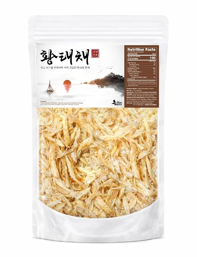 NICE WITCH'S Dried Pollack Shredded 100g / 3.5oz - Naturally Air-Dried in Korea, High-Protein Soup Ingredient Naturally Processed Seafood in Korea 국내건조 황태채