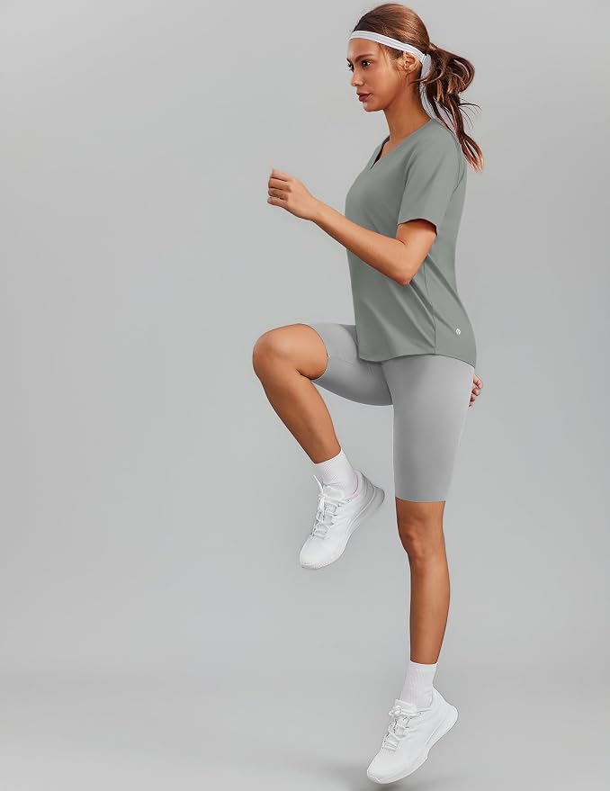PINSPARK Soft Workout Tops for Women Short Sleeve V Neck Moisture Wicking UPF 50+ Sun Protection Quick Dry Gym Shirts