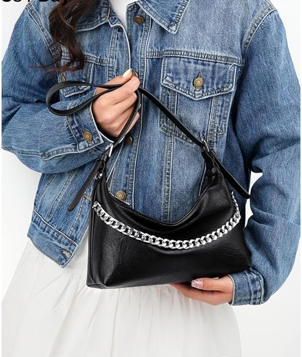 Women Shoulder Bag PU Leather Classic Trendy Purse with Adjustable Strap Chain Decoration
