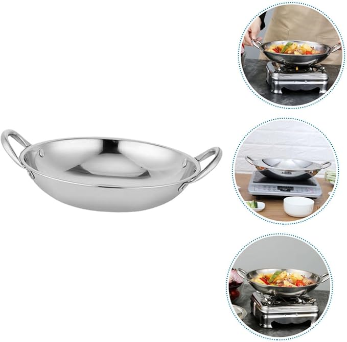 Double Handle Round Bottom Hot Pot Stainless Steel Wok Pan Induction Cooktop Skillet Kitchenware Easy to Clean