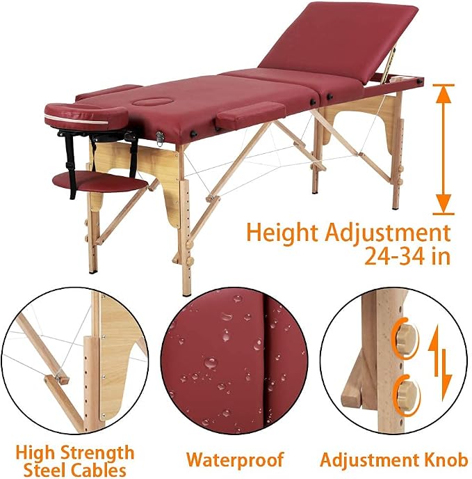 BestMassage Massage Bed Portable Massage Table 3 Folding Lash Bed Height Adjustable 24 Inch Wide Spa Table with Non-Woven Bag for Spa Footmassage Facial CareSpa Tattoo