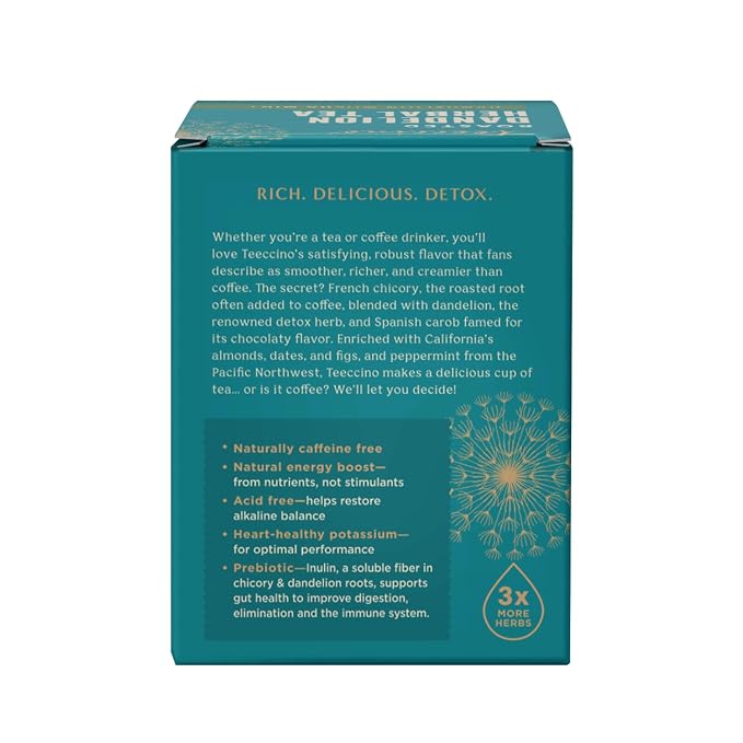 Teeccino Dandelion Root Tea - Mocha Mint - Caffeine Free, Roasted Herbal Tea with Prebiotics, 3x More Herbs than Regular Tea Bags, Gluten Free - 10 Tea Bags (Pack of 4)