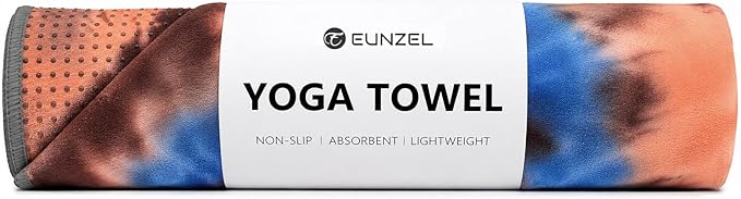 Eunzel Yoga Towel,Hot Yoga Mat Towel with Grip Dots Sweat Absorbent Non-Slip for Hot Yoga, Pilates and Workout 24" x72", Blue & Brown