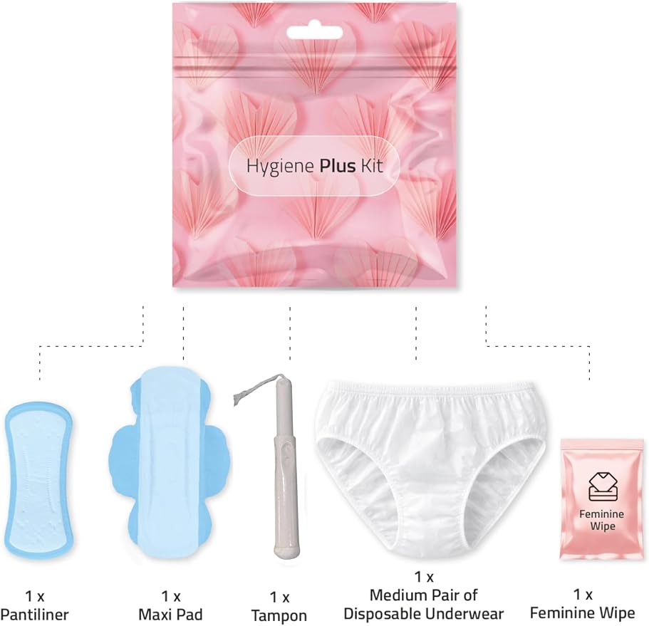 Hygiene Plus Bulk Period Kit with Disposable Underwear (Medium) – Complete Menstrual Care Kits for Schools, Healthcare & Organizations – Includes Tampon, Maxi Pad, Pantyliner & Wipe (1)