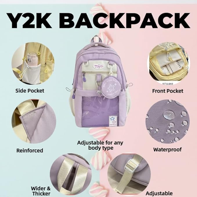 Kawaii Backpack Double Shoulder Bag with Cute Star Removable Pouch Clear Pocket Large Capacity Dopamine Colors Daypack (Clear Purple)