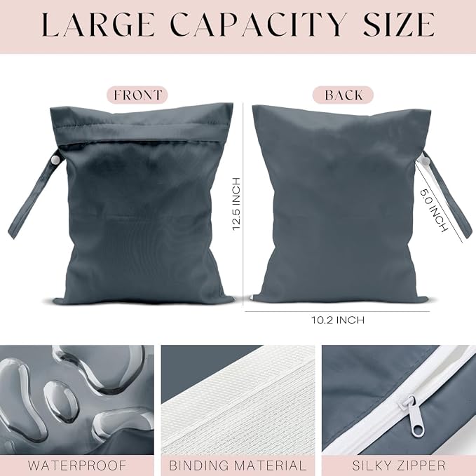 Waterproof Wet Bag for Swimsuit, Travel Beach Wet Dry Bag, Hidden Zipper Reusable Gray Wet Bags, for Travel Beach Wet Swimsuits Toiletries Diapers Dirty Gym Clothes Laundry Bag