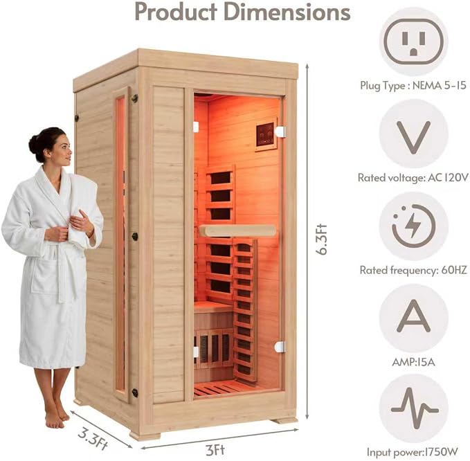 ENSTVER Infrared Wood Sauna 6.4Ft 1-2 Person, Luxury Full Spectrum Far Infrared Sauna Features Low EMF 1745w 7-Light Dynamic & Music Speakers, Canadian Hemlock Dry Indoor Saunas for Home & Gym