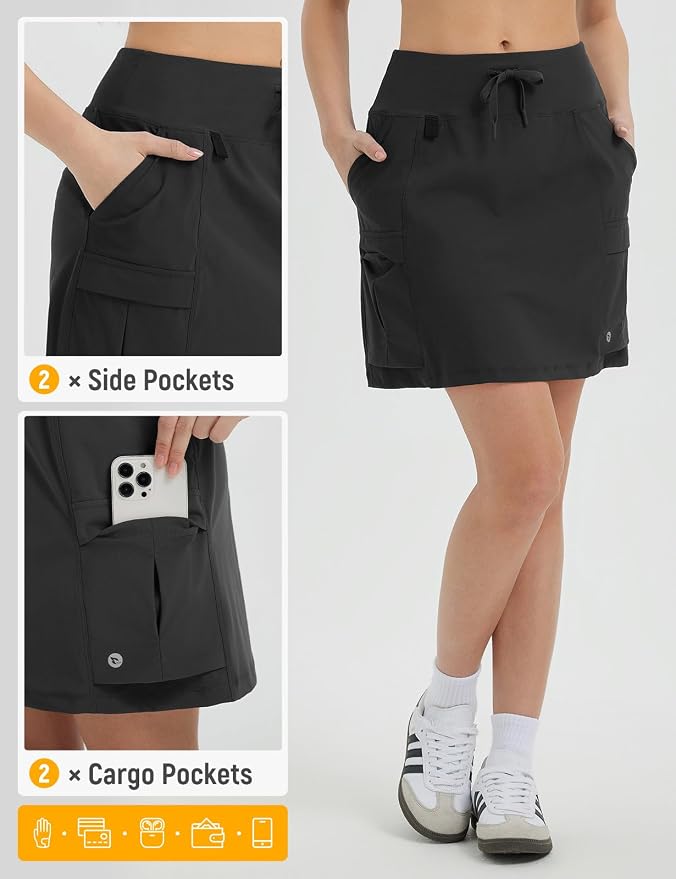 baleaf Women's 16" Hiking Cargo Skort with Pockets Knee Length Skirts | 4 Cargo Pockets, High Waisted, Built-In Shorts, UPF 50+ Sun Protection, Quick Dry, Stretch, Hiking, Golf, Outdoor, Casual
