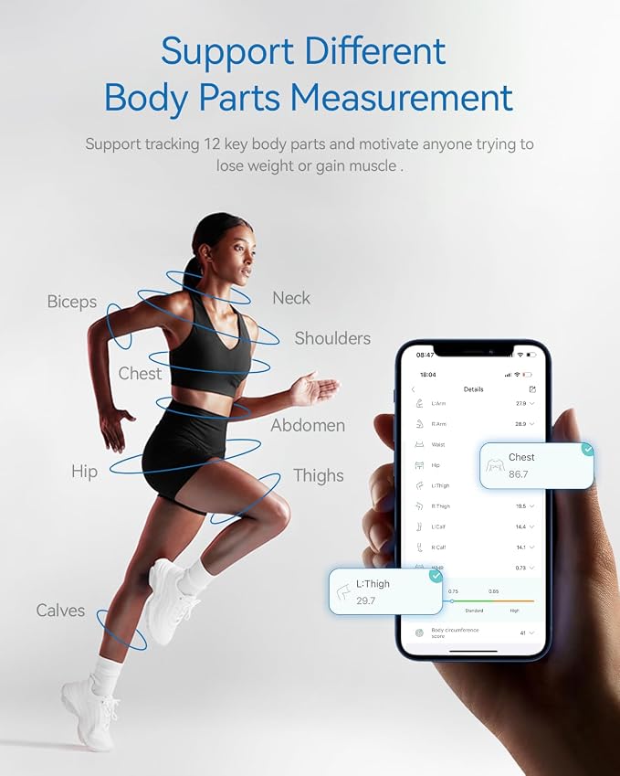 Smart Body Tape Measure, Bluetooth Digital Body Measuring Tape with APP for Body Measurement Device, Clear LED Display, USB-C Rechargeable