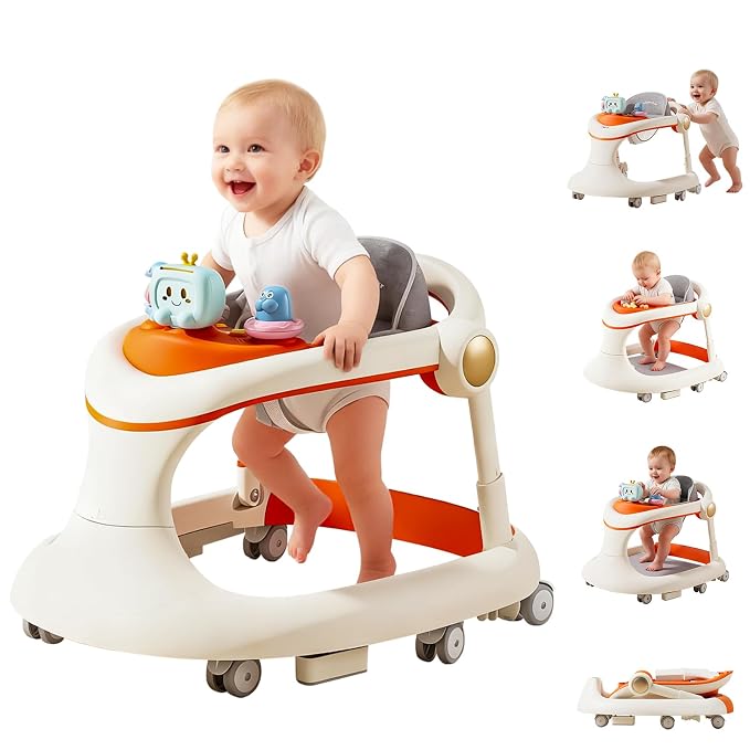 Foldable Baby Walker with Wheels, Activity Toddler Walkers for Boys Girls | 5-in-1 Design, Adjustable Height, Feeding & Music Tray, Contains batteries, Push Walker, Anti-Rollover, Detachable Seat