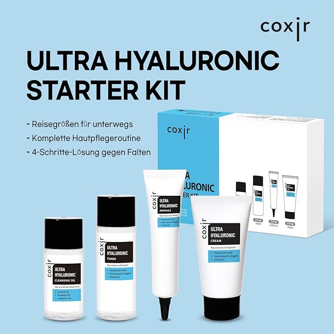 coxir Ultra Hyaluronic Holiday Gift Set – Cleansing Oil + Toner + Ampoule + Cream |Mini Skincare Kit, Travel-Size Korean Skincare Set, Hydrating Routine