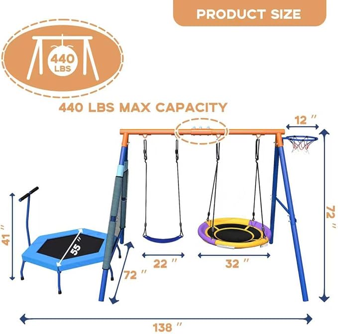 5-in-1 Kids Swing Sets for Backyard with Trampoline, 880lbs Heavy-Duty A-Frame Stand Metal Outdoor with 32 inch Saucer & Belt Swing, 55 inch Trampoline, Basketball Hoop, Led Light & Anchors