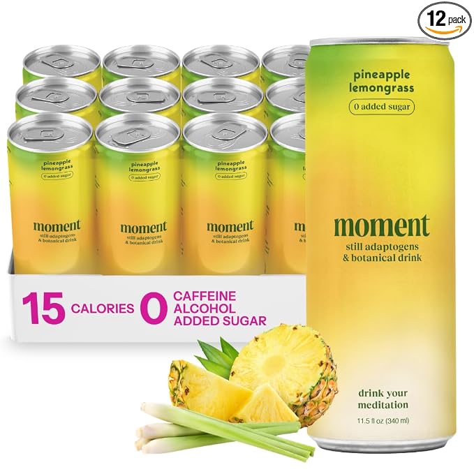 Moment Adaptogen Drink (Shark Tank) - Non Carbonated Botanical Tea - Calm, Clarity & Relaxation with L-Theanine & Ashwagandha - Non Alcoholic Drinks - 0 Sugar 0 Caffeine - 12 Pack 11.5 fl oz