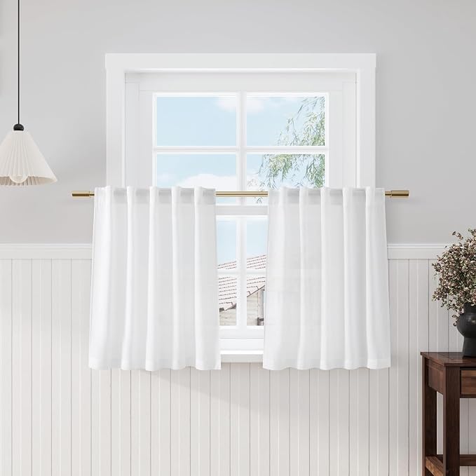 Nanspring Kitchen Linen Curtains 30 Inch Length White Semi Sheer Light Filtering Curtains Back Tab and Rod Pocket Modern Farmhouse Decor for Cafe Small Window Curtain 29 x 30 Inch,2 Panels