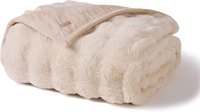 Faux Rabbit Fur Bubble Throw Blanket, 50"x60", Cream | Ultra Soft, Luxury Faux Rabbit Fur Throw, Thick Warm Bubble Blanket, Cozy Fluffy Reversible, for Bed, Couch, Chair, Sofa