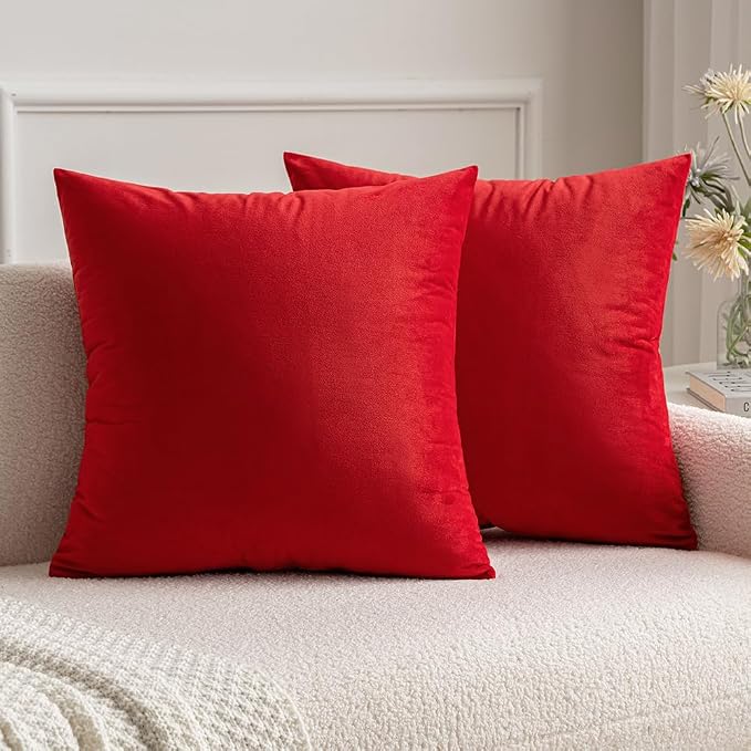 MIULEE Velvet Throw Pillow Covers 18x18 Inch Pack of 2 Bright Red | Soft Solid Decorative Pillow Covers, Modern Luxury Home Decor, for Couch Chair Sofa Bedroom Livingroom