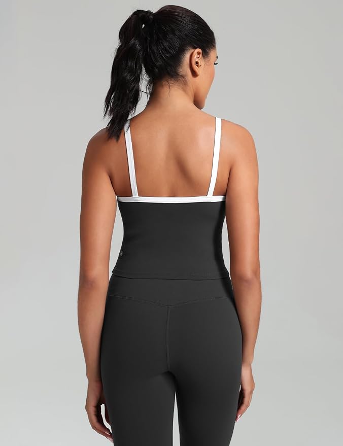 HeyNuts Vintage Color-Block Strappy Crop Tank Top for Womens, Cute Contrasting Trim Yoga Longline Sports Bras Padded A-D Cups