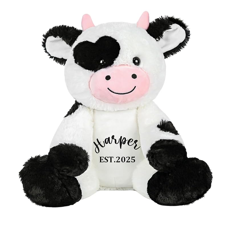 Personalized Cow Stuffed Animal, Milk Cow Plushie with Custom Name Date Message, 13.5" High 9.8"Width Black White Cows Soft Cuddle Gift for Baby Toddler Boy Girl Kids
