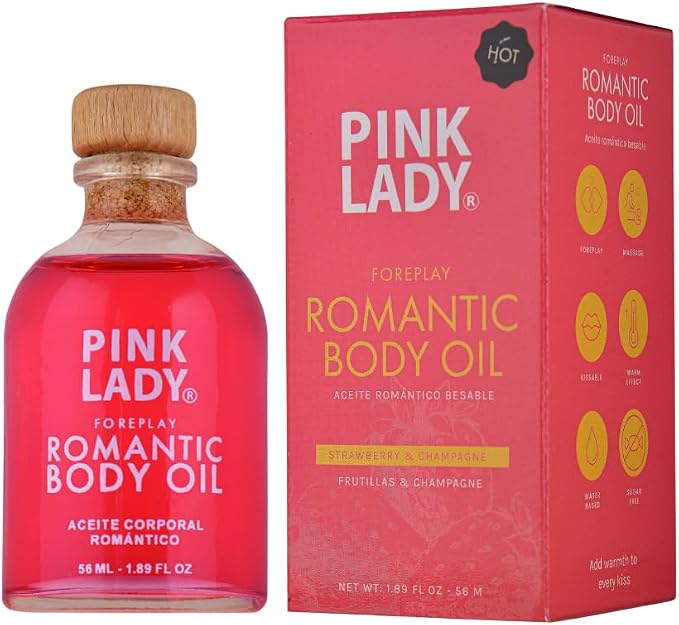 Romantic Body Oil Strawberry and Champagne - 1.90 fl oz / 56 ml - Kissable Warming Body Treat for Foreplay Fun, Water Based