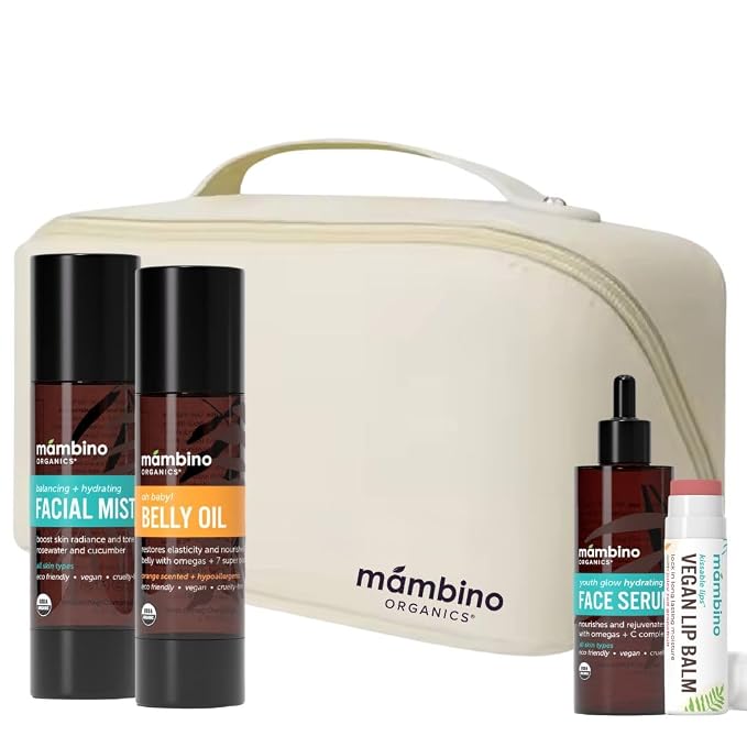 Mambino Organics First Trimester Maternity Skin Care Set, Pregnancy Must Haves with Belly Oil, Rose Facial Mist, Youth Glow Serum & Lip Balm, Maternity Essentials Gift Set + Free Bag