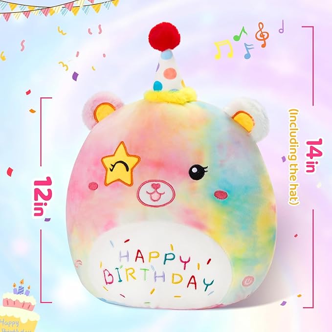 Athoinsu 14" Happy Birthday Light up Musical Bear Plush Pillow Cute Rainbow Stuffed Animal Soft Kawaii Birthday Plushie Star Wink Funny Pillows Home Room Decoration Gifts for Toddlers Kids Girls