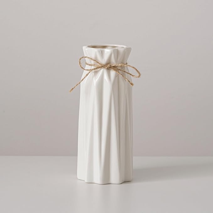 White Small Vase Ceramic Jute Rope Simple Vases for Home Decor Minimalist Modern Flower Vase Elegant Decorative Glossy Vase for Pampas Grass, Office, Living Room, Mantel and Bedroom Décor