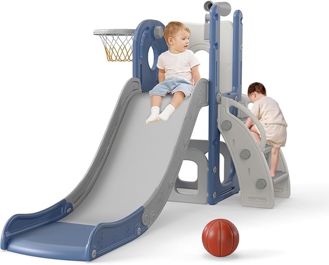 kinbor 6 in 1 Toddler Slide PlaySet - Indoor Outdoor Fun for Kids Ages 1-3, Includes Basketball Hoop, Telescope, Storage & Climber, Safe, Sturdy Baby Slide for Backyard Playground, Blue