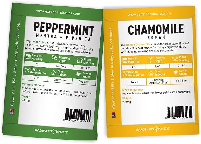 Gardeners Basics, Herbal Tea Seeds for Planting Indoors and Outdoors 5 Variety Packets Echinacea, Peppermint, Lavender, Chamomile and Lemon Balm - Great for Kitchen Herb Garden Heirloom Herb Seeds
