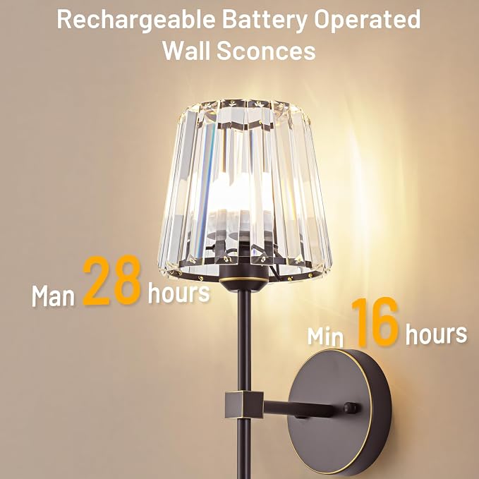 Crystal Battery Operated Wall Sconces Set of 2, Brown and Gold Rechargeable Wireless Wall Lights with Crystal Lampshade, 12 RGB and 3CCT Dimmable Wall Lamps with Remote for Bedroom Living Room Hallway